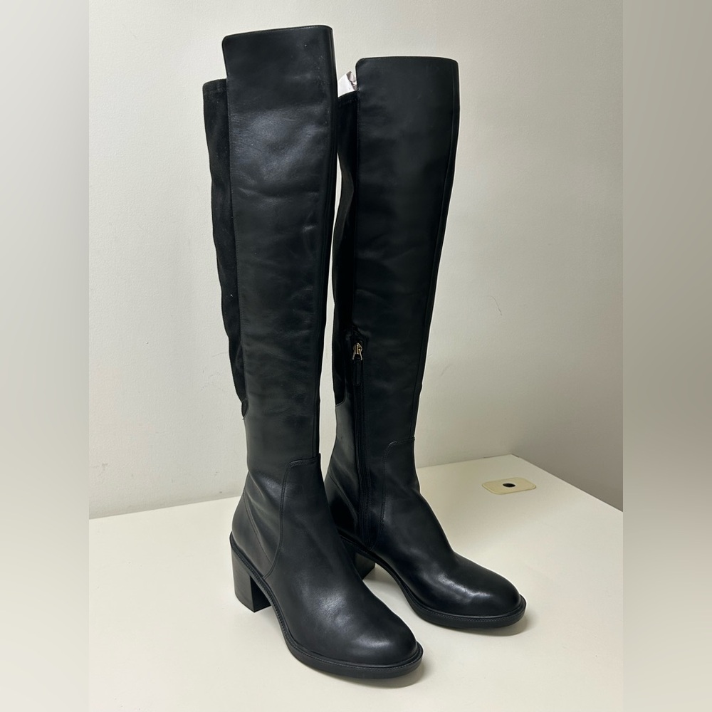 Women’s 11 M Nine West Nacissa Black Leather Mid Calf Block Heel Boots
